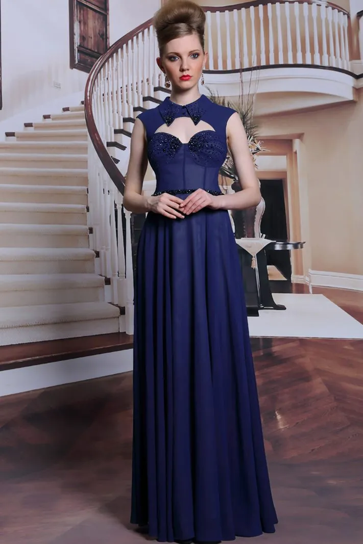 ---Elegant navy blue dress with collar and many bright decorations made in chiffon--