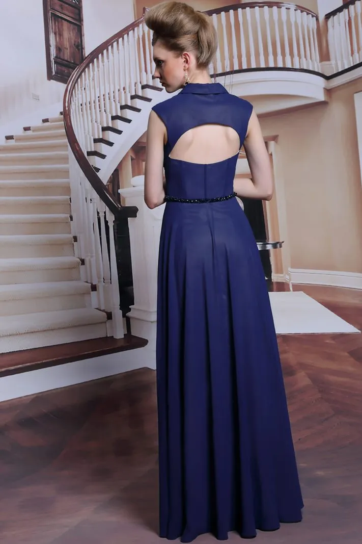 ---Elegant navy blue dress with collar and many bright decorations made in chiffon--