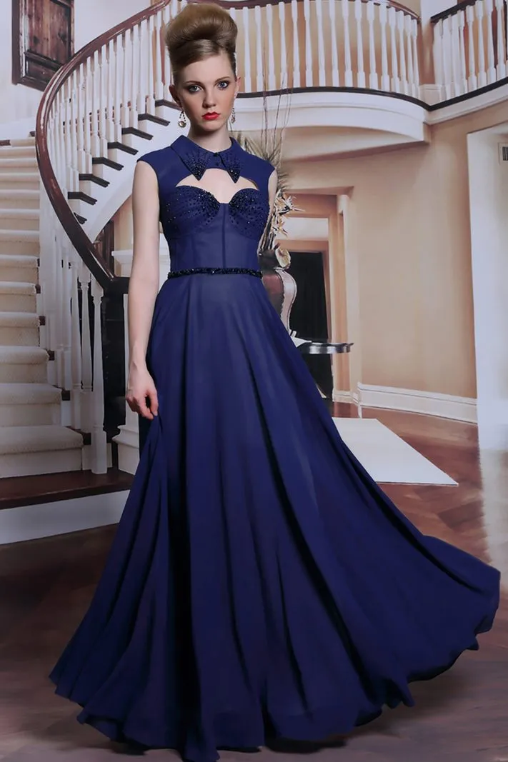 ---Elegant navy blue dress with collar and many bright decorations made in chiffon--