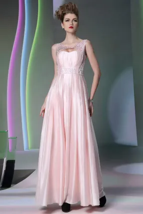 ---Particular pearl pink ceremony dress made in silk satin with shoulder straps and bright decorations--