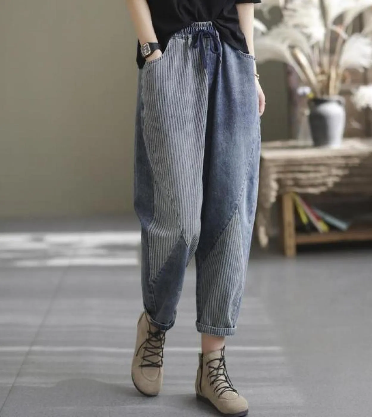 2022 Primavera New Arts Style Women Elastico in vita Patchwork Stripe Cotton Denim Harem Pants Allmatched Casual Jeans larghi V