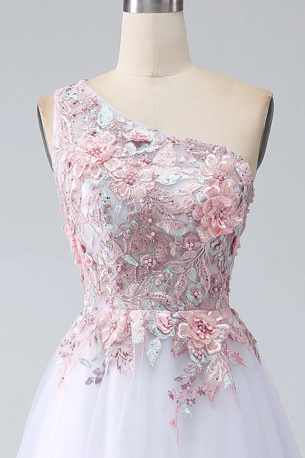A-Line One Shoulder Pink Prom Dress con applicazioni