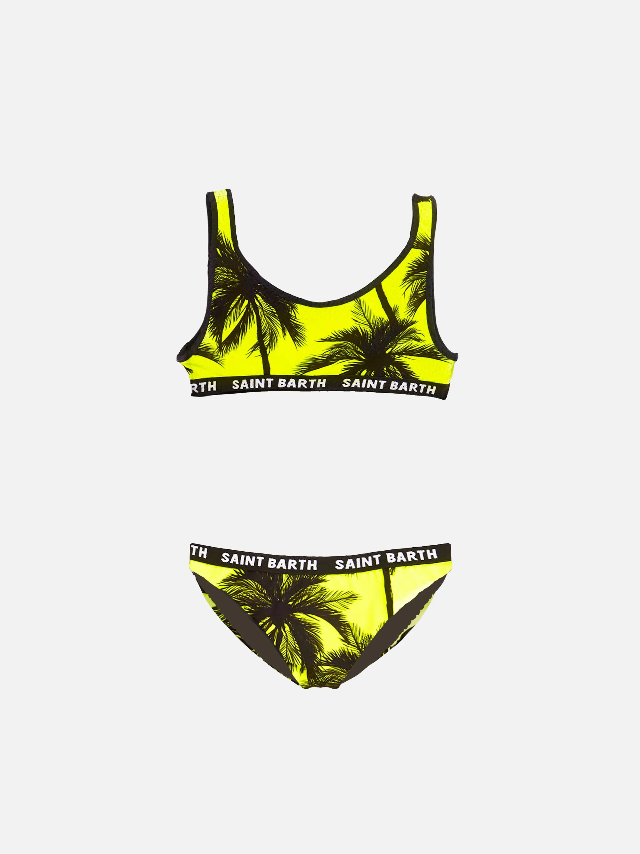 Bikini da bambina a bralette con stampa palme nere 