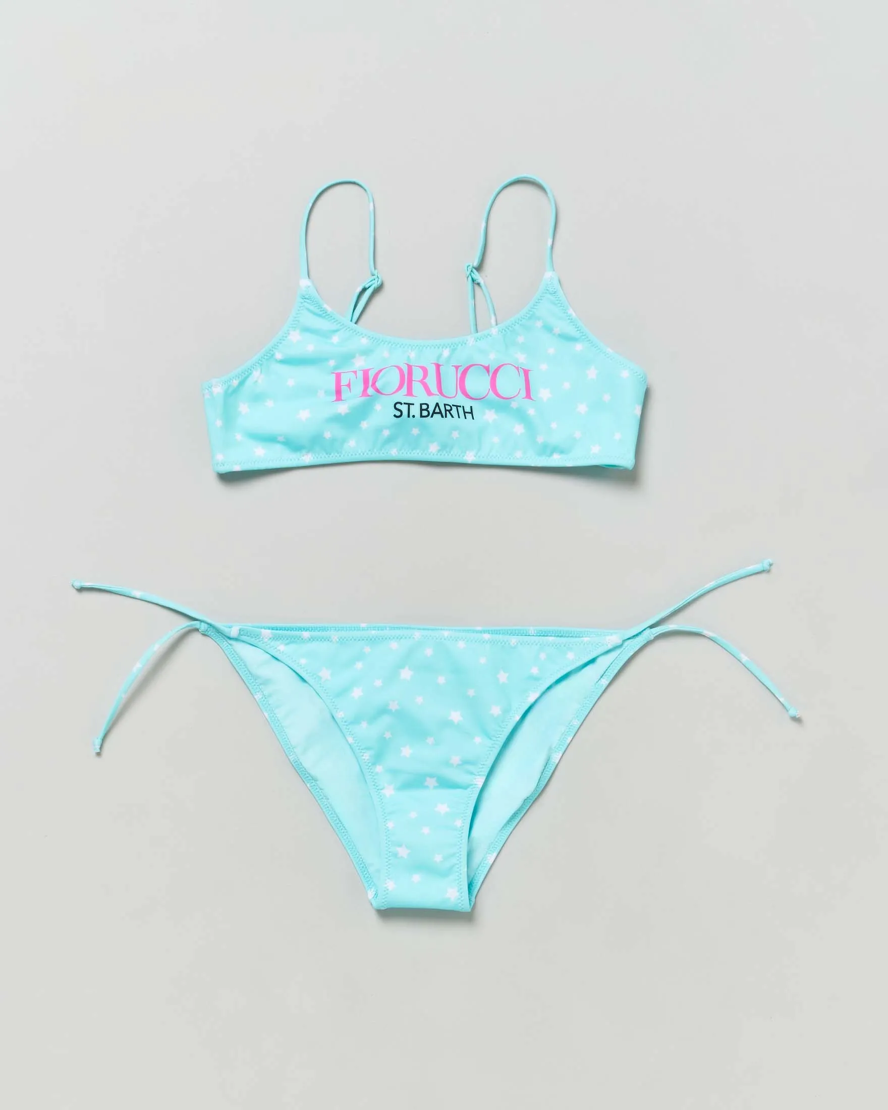 Bikini Jaiden a bralette azzurro con stampa Fiorucci e stelline bianche all-over 8-14 anni
