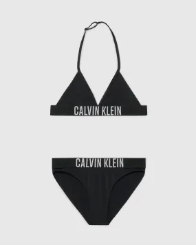 Bikini nero a triangolo in tessuto stretch con fasce porta logo 10-16 anni