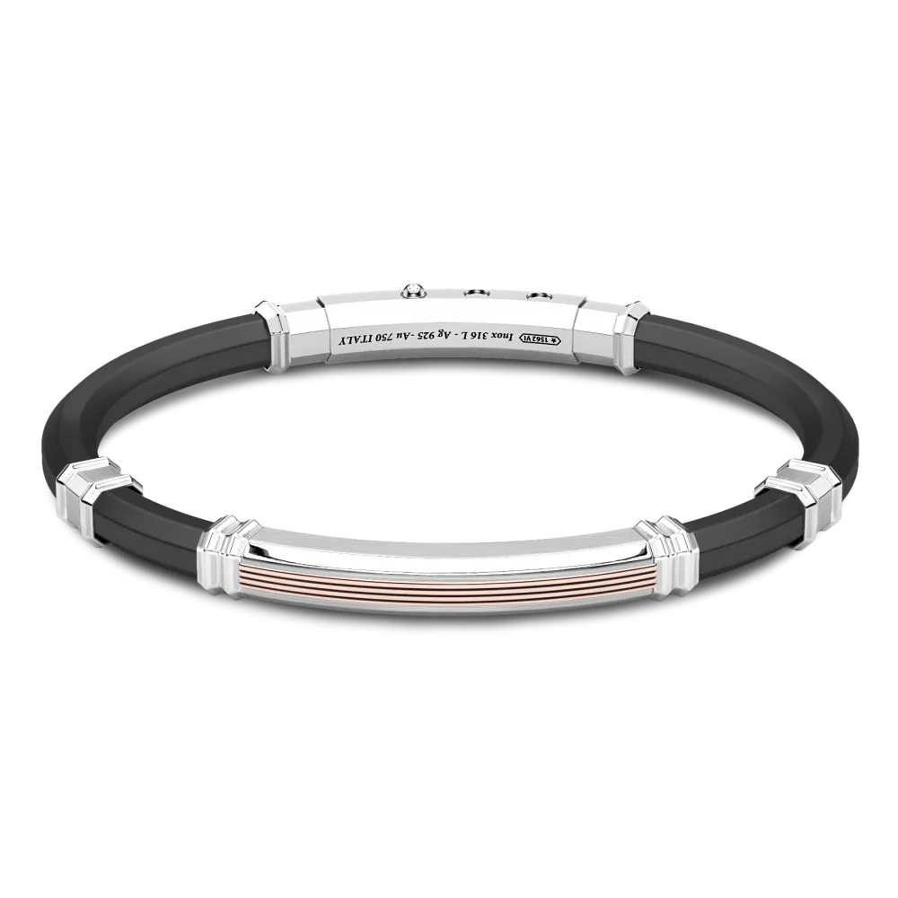 Bracciale Zancan in silicone nero con targa in argento e dettagli in oro rosa.