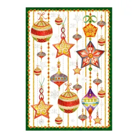 Canovaccio in lino bianco a stampa palline di Natale con riquadro verde
