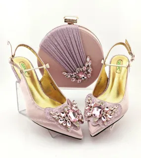 Design italiano Colore rosa Moda nigeriana Stile Butterflykont Elegante set di scarpe e borsa da donna decorato con strass