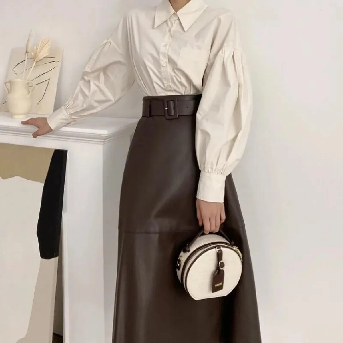 Elegant Lapel Single Breasted Lantern Sleeve Shirt Female Top High Waisted Pu Leather Large Swing Skirt  Clothes Shir