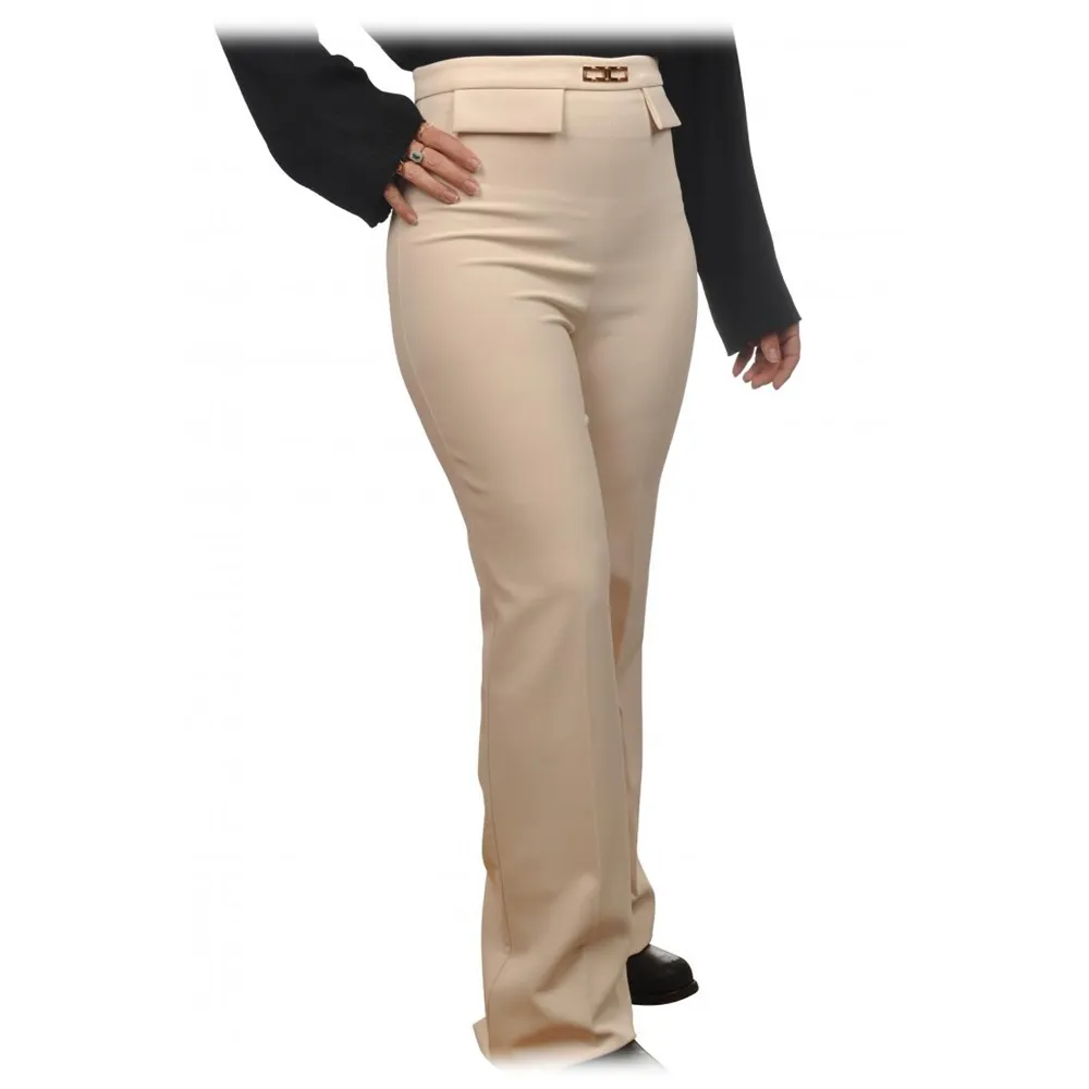 Elisabetta Franchi - Pantalone a Palazzo con Dettaglio Oro - Panna - Pantaloni - Made in Italy - Luxury Exclusive Collection