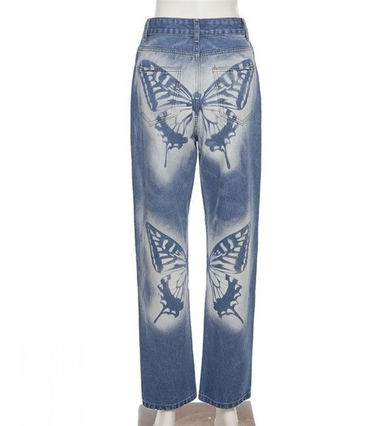 Gacvga High Waist Women Jeans Butterfly Pattern Denim Trousers  Autumn Winter Blue  Straight Pants Streetwear Pantalo