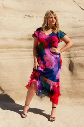 Live Unlimited Curve Animal Burnout Ruffle Shoulder Maxi Dress    