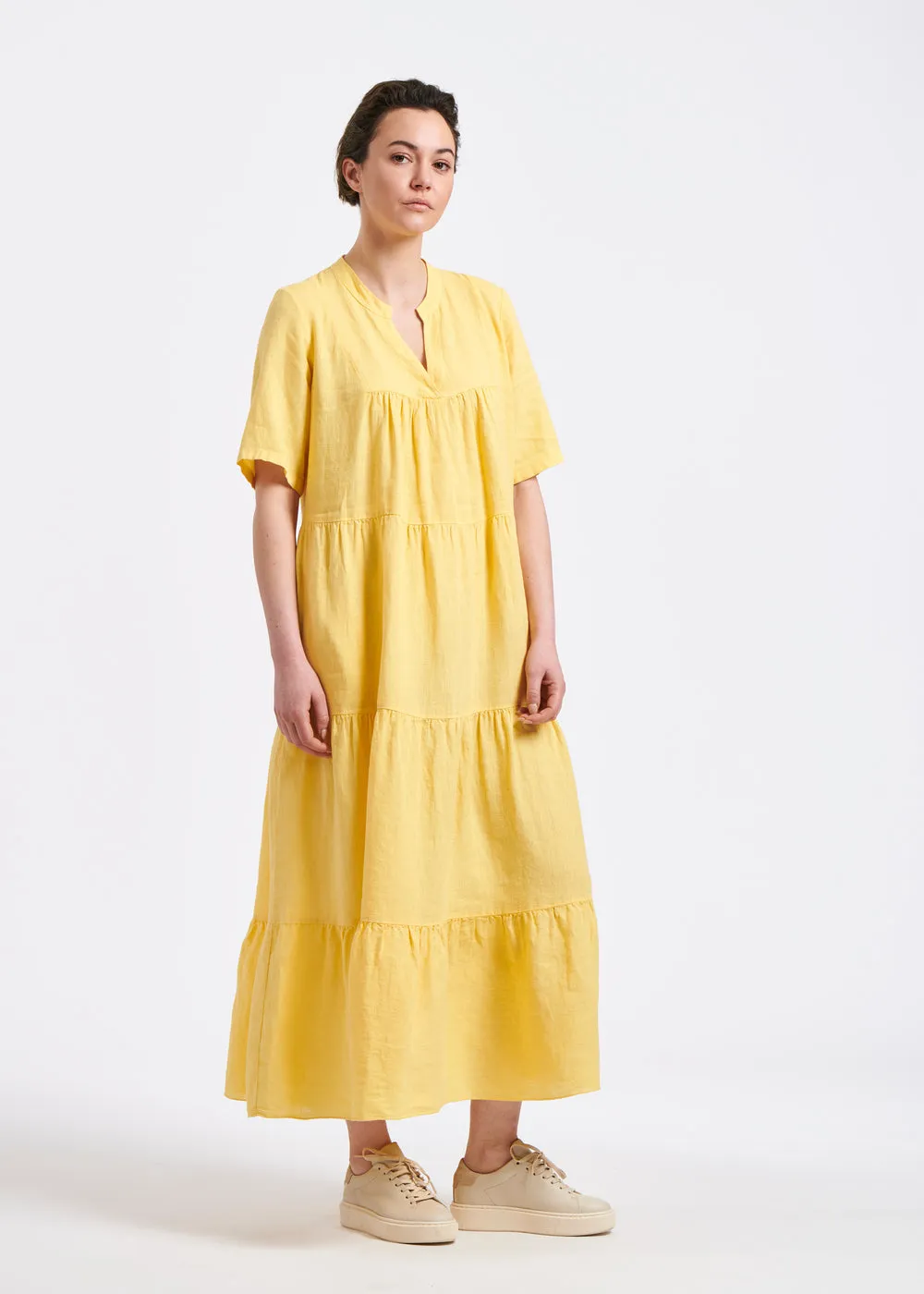 Long yellow linen tiered dress