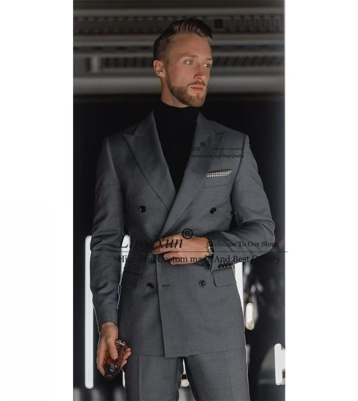 Moda uomo grigio scuro abiti doppio petto business blazer slim fit matrimonio sposo smoking 2 pezzi giacca pantaloni costu