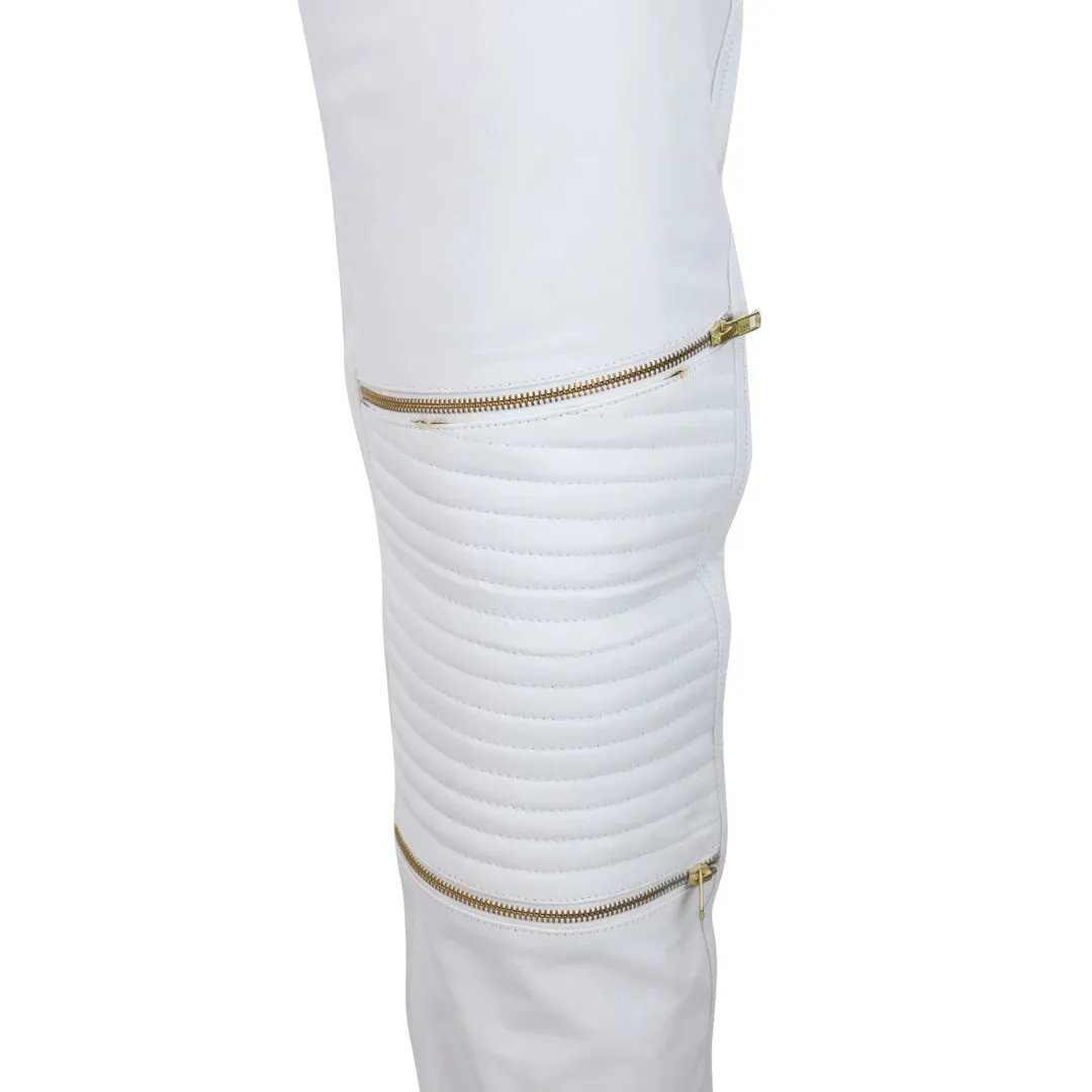 Pantaloni in Vera Pelle da Uomo Stile Jeans Vintage Retro Punk Nero Bianco