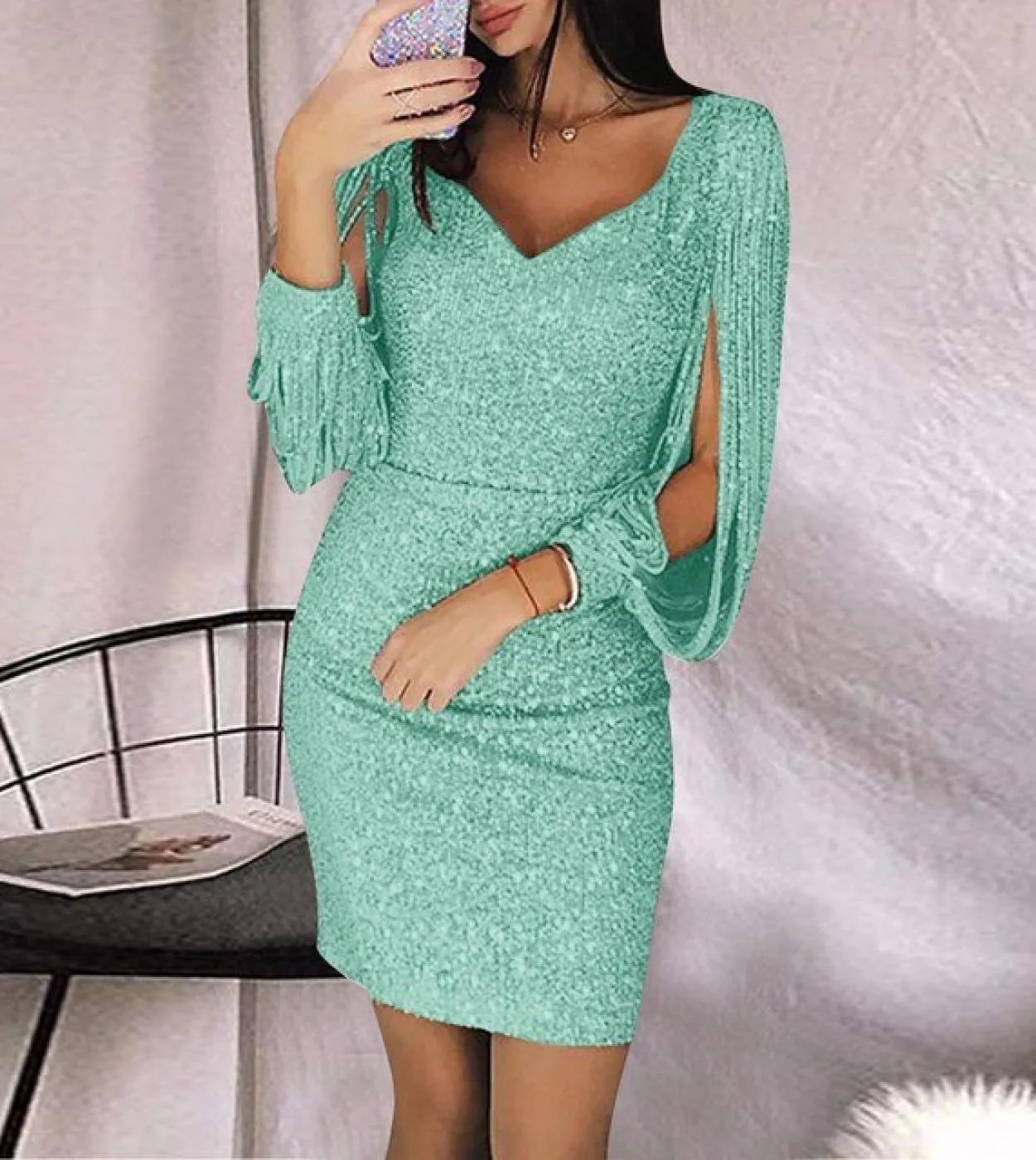 Party Dress Women Solid Sequin Stitching Dress Shining Clubwear Slim Fit Long Sleeve Mini Elegant Dress Party Womens D