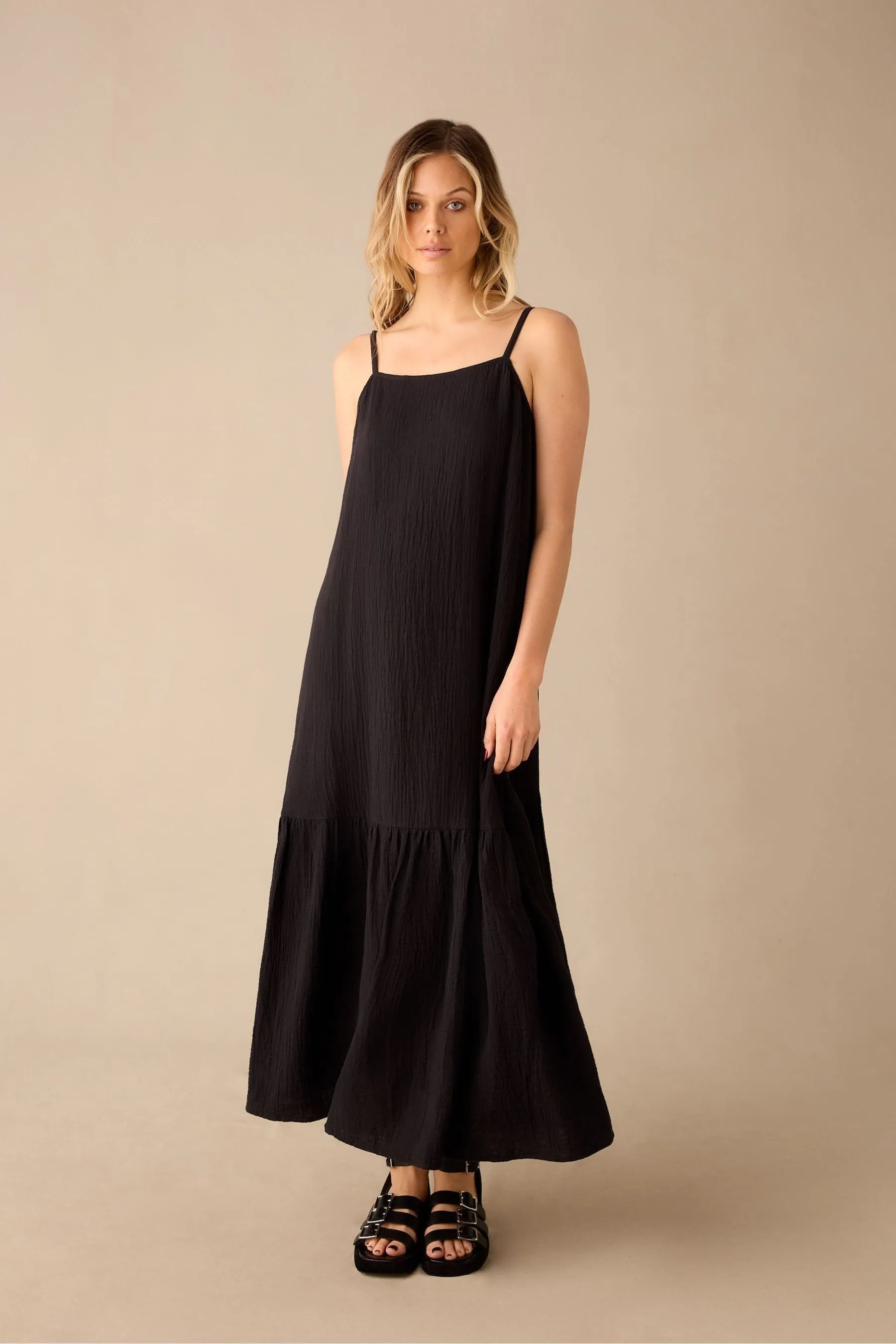 Ro&Zo Black - Tiered Hem Strappy Cheesecloth Dress