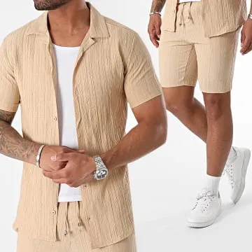Set camicia a maniche corte e pantaloncini da jogging a righe beige