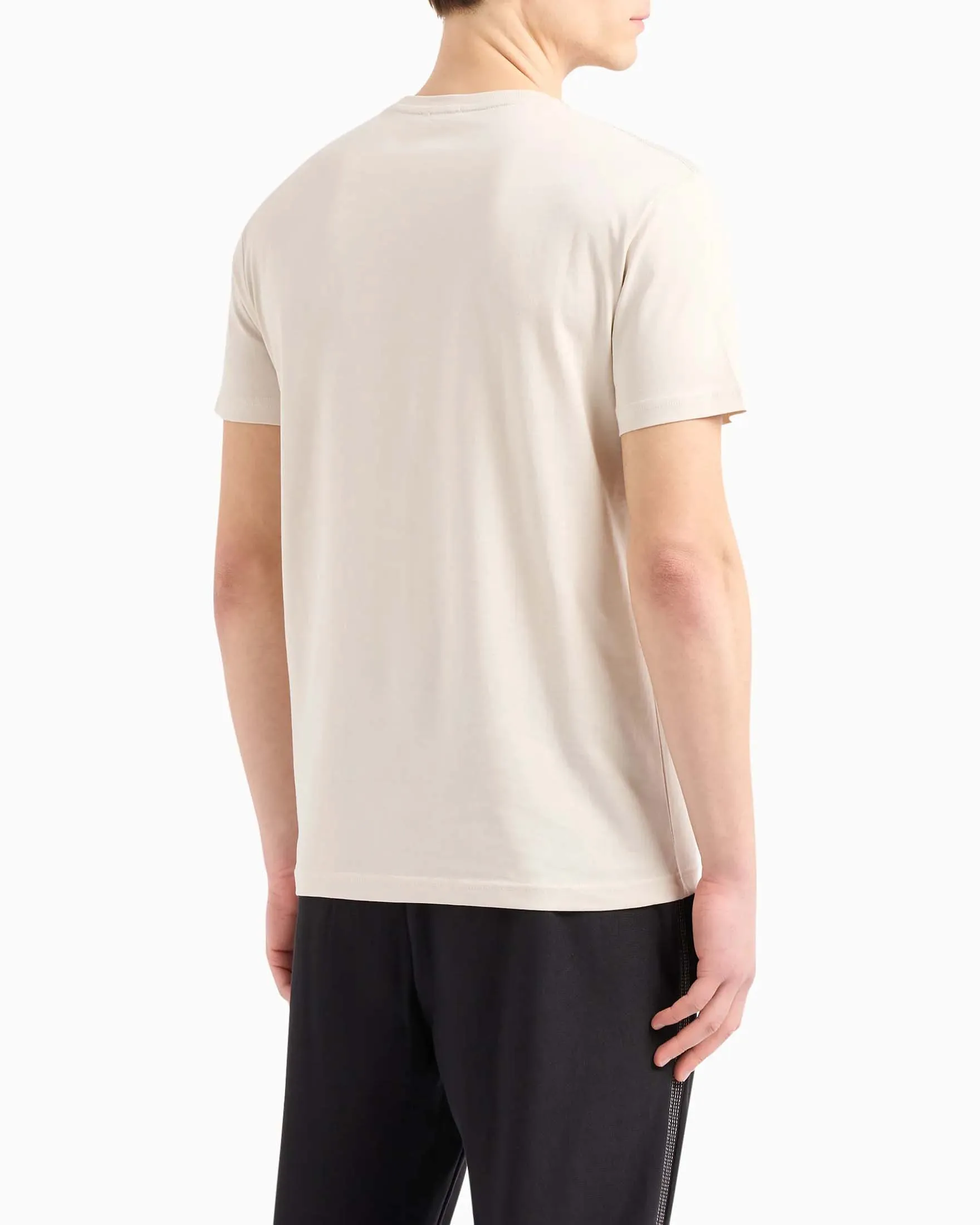 T-shirt beige mezza manica in jersey di puro cotone con logo bollo gommato in tono applicato sul petto