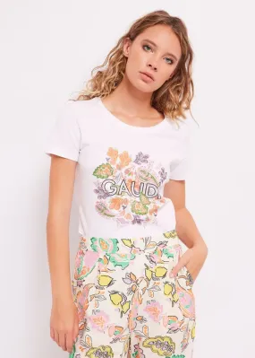 T-shirt con fiori e logo