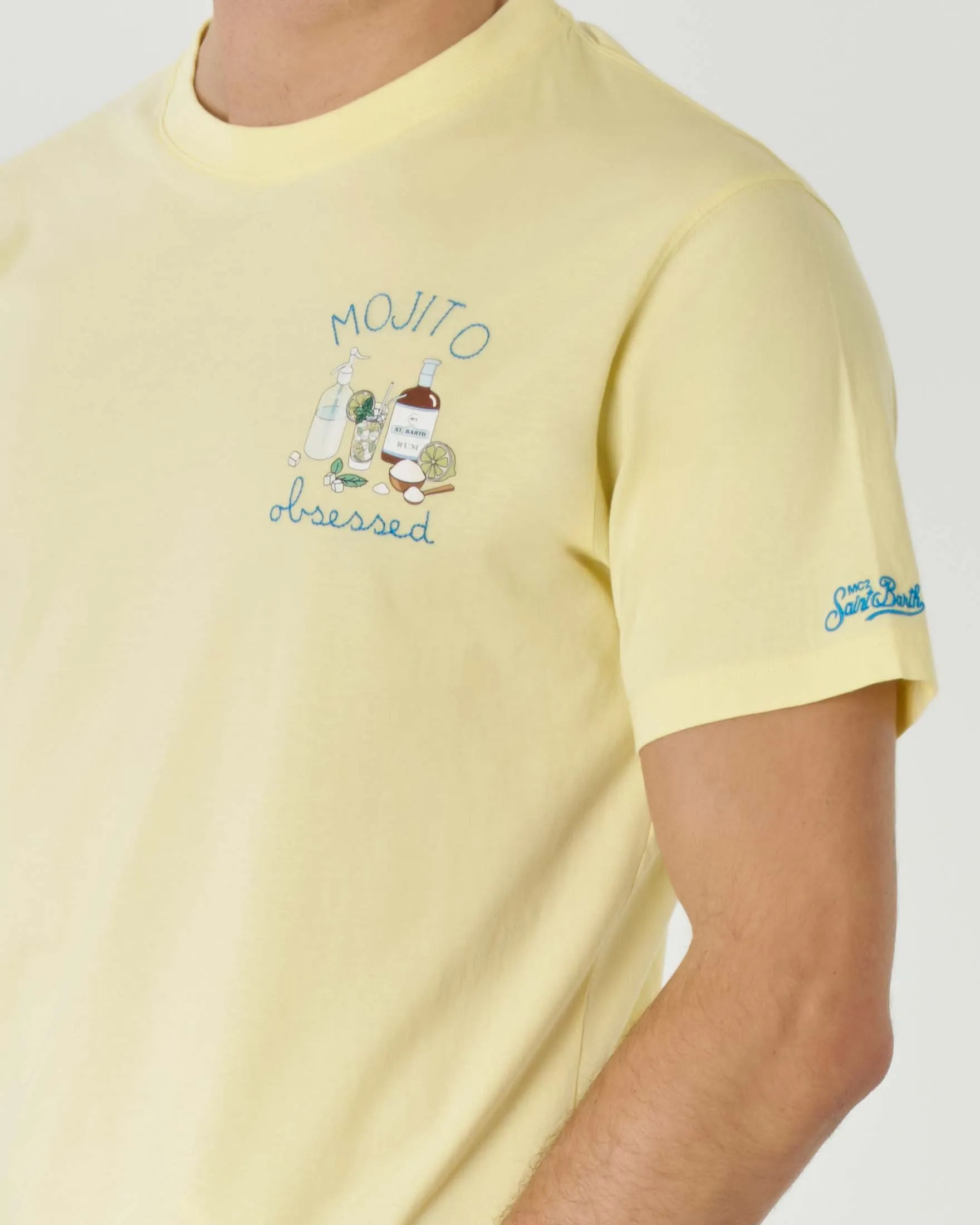 T-shirt gialla mezza manica in cotone con stampa e ricamo Mojito sul petto