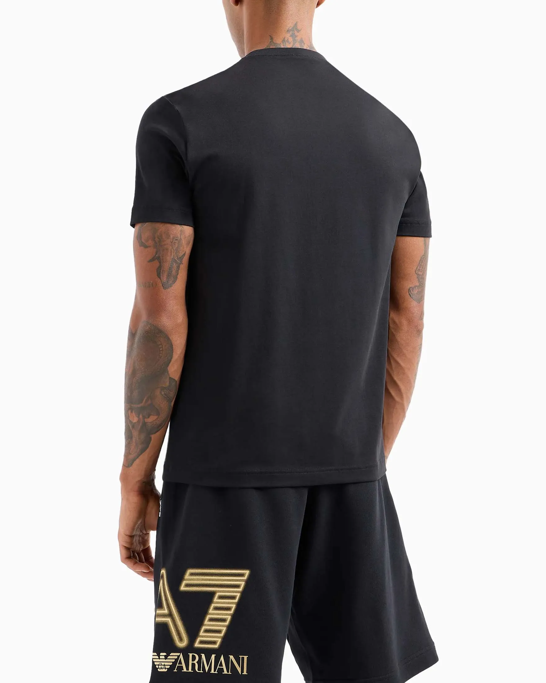 T-shirt nera mezza manica in jersey di cotone stretch con maxi logo in contrasto sul petto