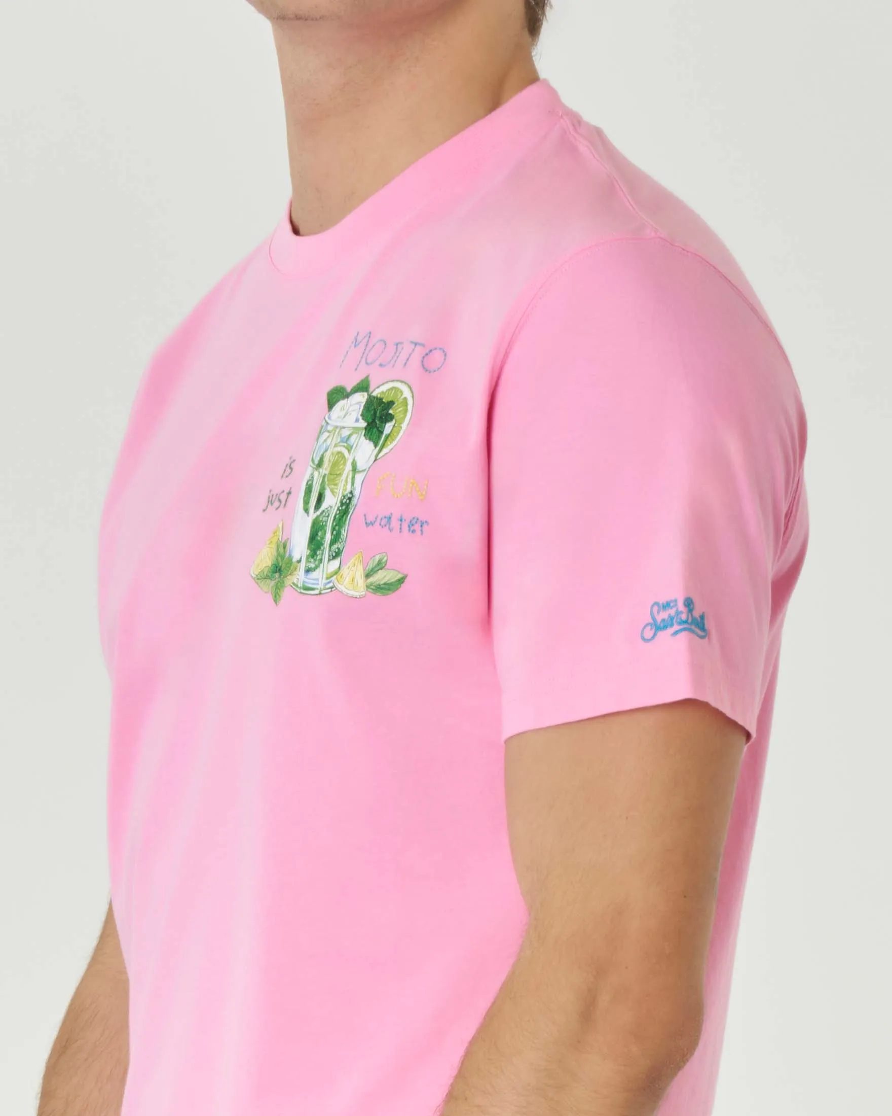 T-shirt rosa mezza manica in cotone con stampa e ricamo Mojito sul petto