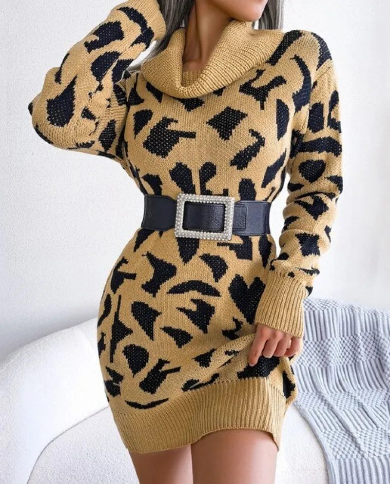 Womens High Neck Long Sleeve Bodycon Pullover Dress Warm Autumn Winter Knitted Dress Ladies Mini Sweater Dress Vestidos